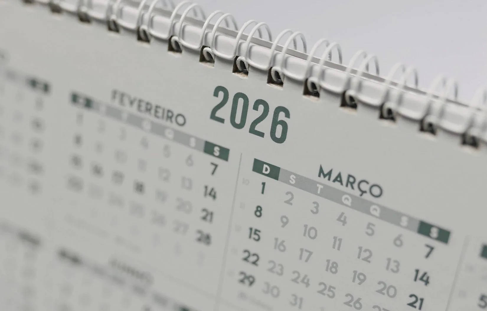 2026年のスパイラル綴じ卓上カレンダーの2月と3月のページをクローズアップした画像。